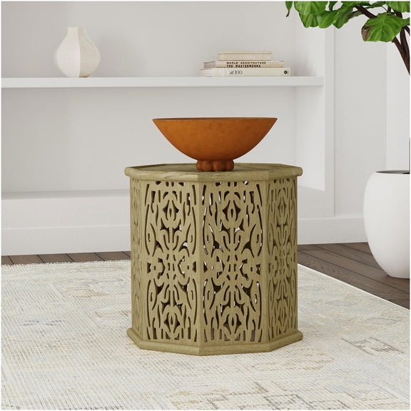 Natural Mango Wood Octagonal Side Table, Hand-Carved Boho Chic End Table for Living Room, Bedroom, or Den