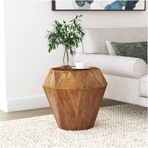 Natural Mango Wood Side Table with Octagonal Design for Living Room, Modern End Table with Gemstone Faceted Silhouette