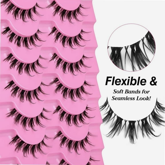 Natural Manhua Lashes Wispy Manga Anime False Eyelashes Clear Bands Japanese Korea Asian Spiky Fake Eyelashes Like Individual Cluster Lash 8 Pairs by