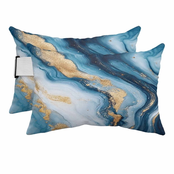 Natural Marble Blue Gold Stripe Outdoor Pillow for Chaise Lounge Chair,Head RestingPillow with Insert, Abstract Stone Texture Ombre Waterproof Lumbar Pillows for Patio,11"x16" 2 Pack