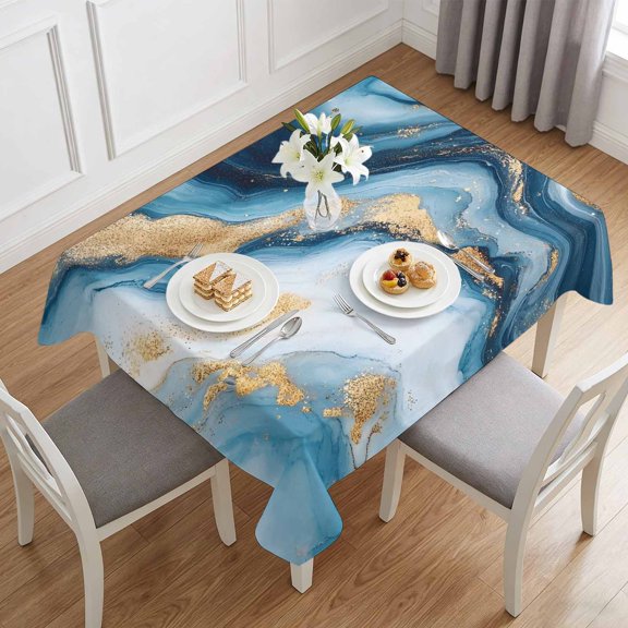 Natural Marble Blue Gold Stripe Table Cloth 60x84in, Waterproof Rectangle Tablecloth Wipeable Tablecloths Abstract Stone Texture Ombre Table Covers for Dining Tables Party Indoor Outdoor
