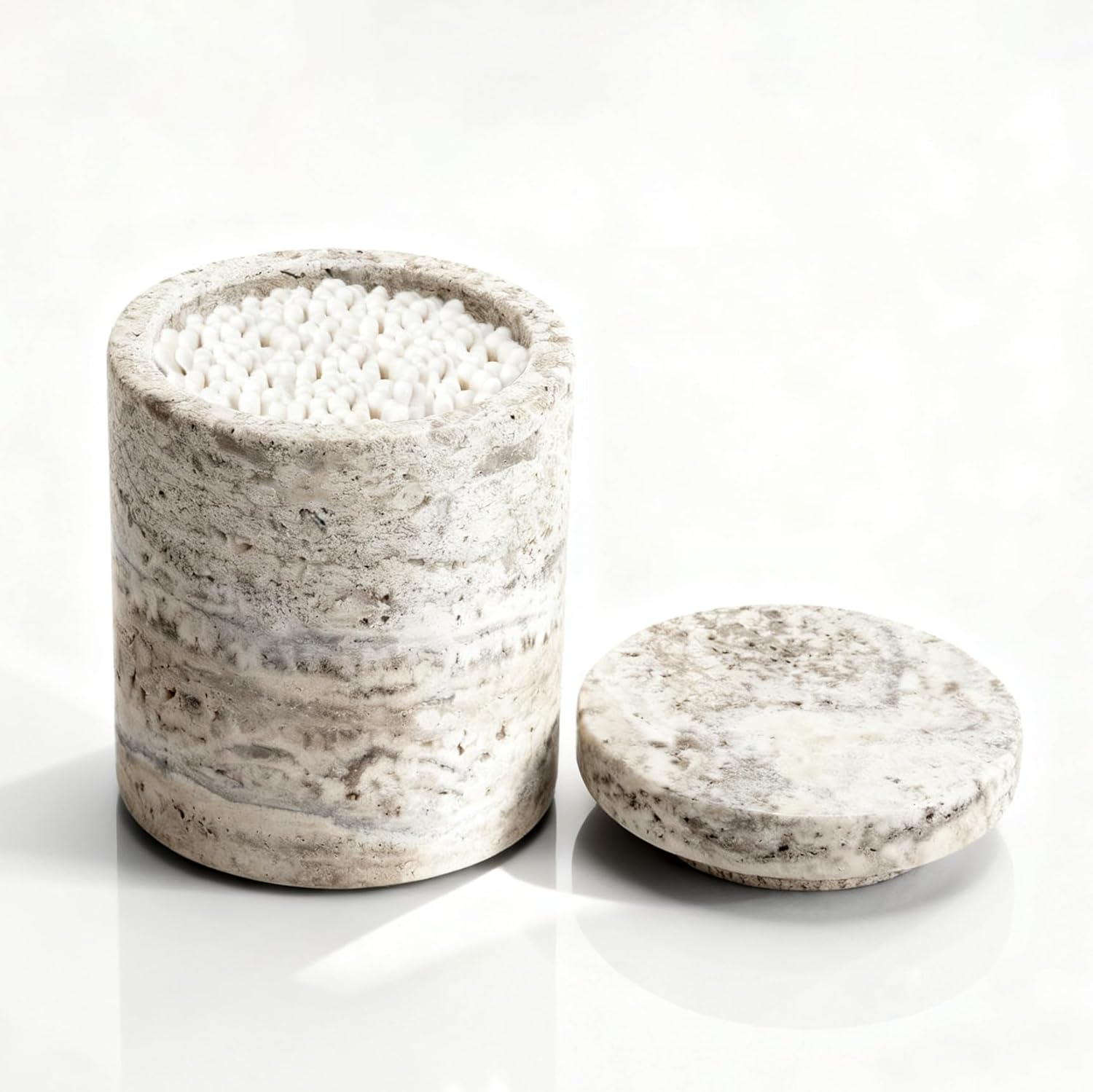 Natural Marble Canister, Cotton Swab Holder with Lid, Marble Toothbrush Holder Qtip Holder Storage for Cotton Swab, Floss Picks, Makeup Pad, Bath Salt, Beige