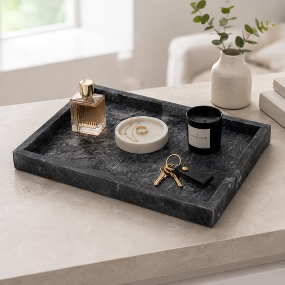 Natural Marble Decorative Tray, 11.8"x7.87" Solid Stone Serving Tray with Raised Border, Versatile Rectangle Organizer for Entryway Key, Coffee Table, Nightstand, Jewelry & Home Accent (Black)