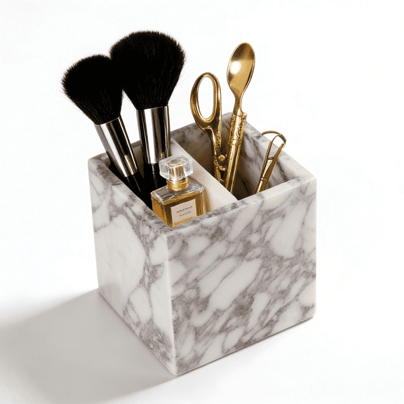 Natural Marble Desktop Organizer Box, 2 Compartment Stone Storage Caddy for Pens, Utensils, Makeup Brushes & Bathroom Tools | Home Office Kitchen Bathroom Holder
