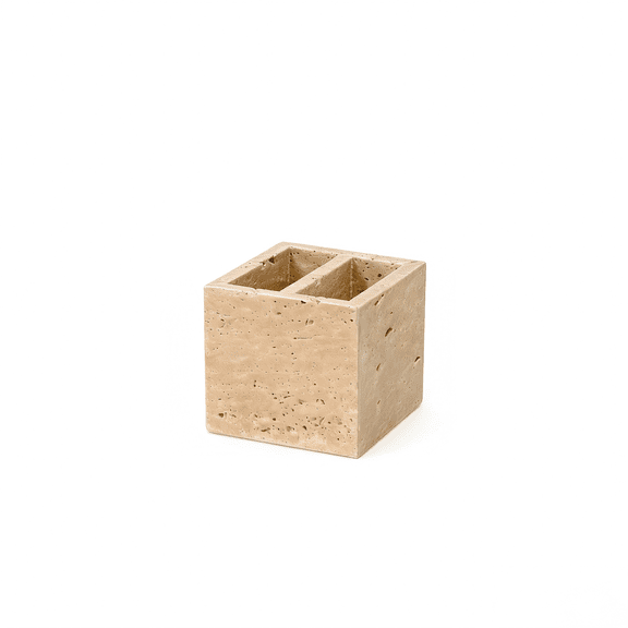 Natural Marble Desktop Organizer Box, 2 Compartment Stone Storage Caddy for Pens, Utensils, Makeup Brushes & Bathroom Tools | Home Office Kitchen Bathroom Holder