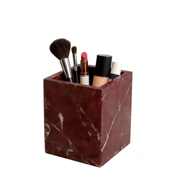 Natural Marble Desktop Organizer (Burgundy) - Stone Multi-Compartment Storage Holder for Pens, Utensils, Makeup Brushes & Bathroom Tools