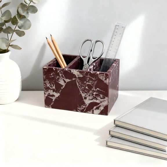 Natural Marble Desktop Organizer (Burgundy) - Stone Multi-Compartment Storage Holder for Pens, Utensils, Makeup Brushes & Bathroom Tools