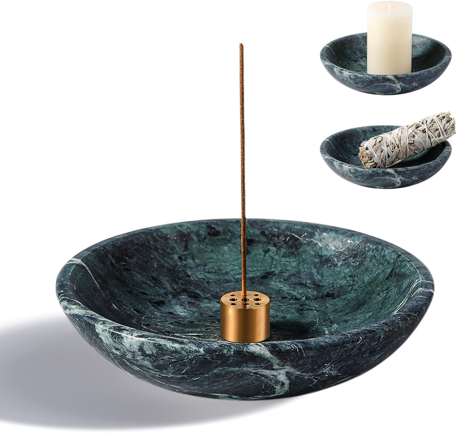 Natural Marble Incense Holder, Incense Holder for Sticks with 9 Holes, Handmade Incense Burner Ash Catcher for Meditation Yoga SPA, Balsam Fir/Palo Santo/Sage/Cone (Green)