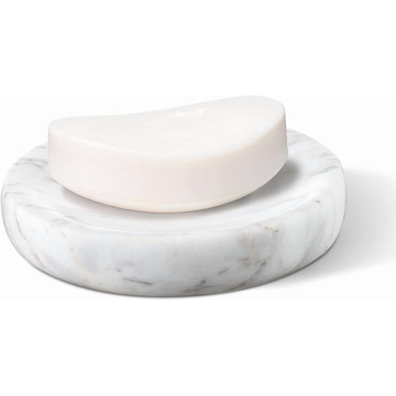 Natural Marble Soap Dish, Round Carrara White Jewelry Limestone Shower Holder, Modern Stone Sponge Bar Saver Tray for Bathroom, Kitchen, Easy to Clean