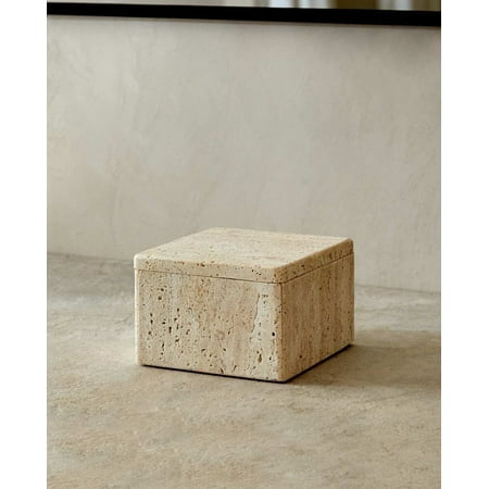 Natural Marble Square Trinkets Small Storage Box with Lid, Jewelry Sundries Jar, Beige Travertone Stone,4.7x4.7x3.2''
