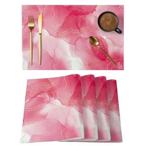 Natural Marble Stone Abstract Texture Placemats Set of 6,Wipeable Washable Table Mats for Dining Tables, Ombre Red and Gold Stripe Place Mats for Kitchen Event Party Tabletop Decor