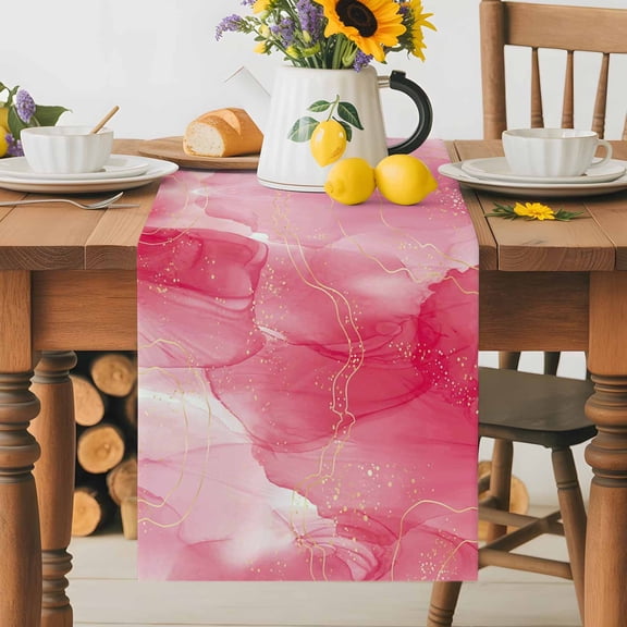 Natural Marble Stone Abstract Texture Table Runner 36 Inches Long, Ombre Red and Gold Stripe Table Runners Tabletop Scarf Kitchen Dining Tables Decoration for Home Party Indoor Outdoor