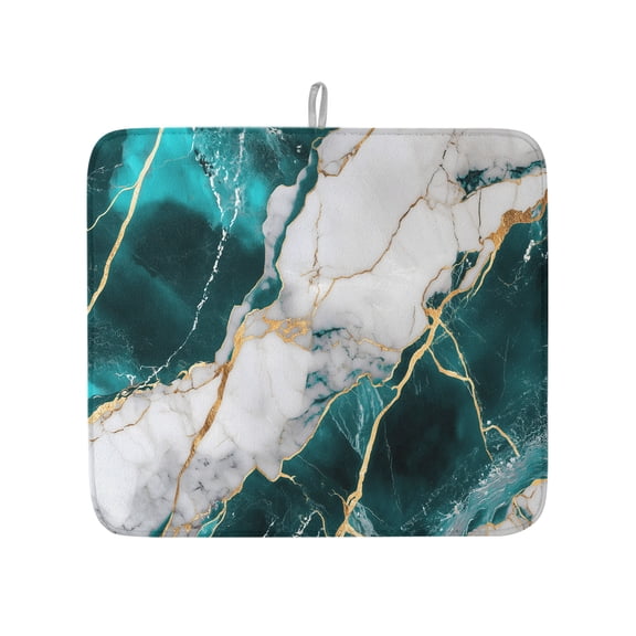 Natural Marble Stone Texture Dish Drying Mats for Kitchen Counter,Absorbent Microfiber Dish Drainer Rack Mat Modern Turquoise Rock Gold Stripe Drying Pad for Sinks,Utensils,Countertops,16x18in