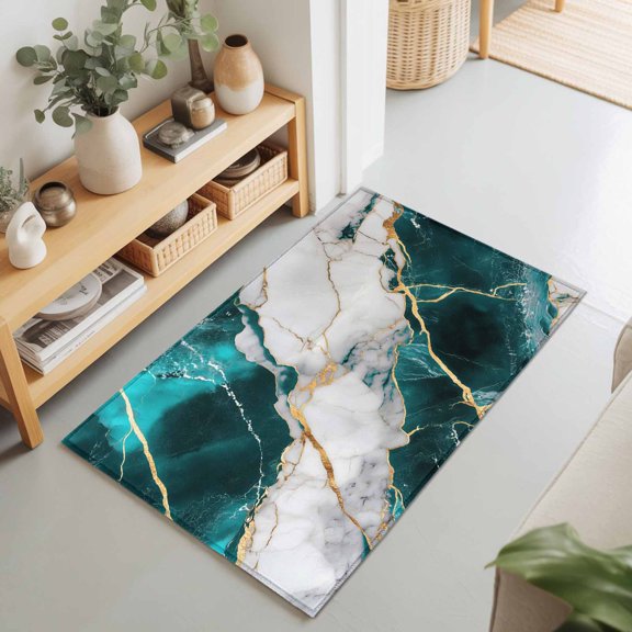 Natural Marble Stone Texture Rectangle Area Rug 2x3ft,Living Room Rug Non-Slip Washable Circle Rugs Pad,Modern Turquoise Rock Gold Stripe Soft Floor Carpet for Bedroom Dining Room