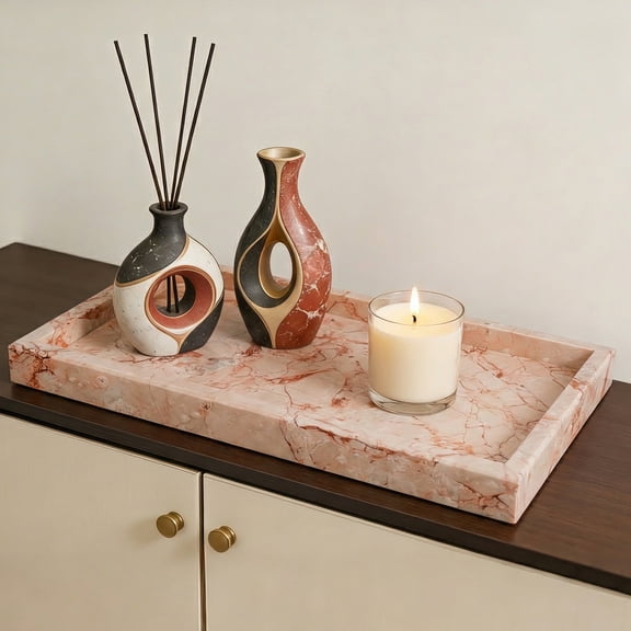 Natural Marble Stone Tray for Bathroom, Rectangular Vanity Serving Tray with Non Slip Mats, Easy Cleaning for Kitchen Bath Dresser