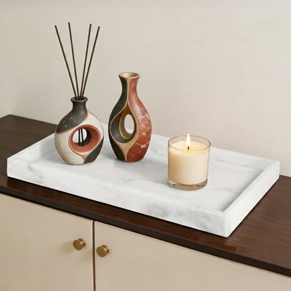 Natural Marble Stone Tray for Bathroom, Rectangular Vanity Serving Tray with Non Slip Mats, Easy Cleaning for Kitchen Bath Dresser