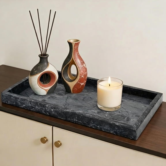 Natural Marble Stone Tray for Bathroom, Rectangular Vanity Serving Tray with Non Slip Mats, Easy Cleaning for Kitchen Bath Dresser