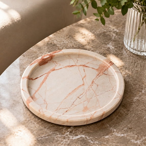 Natural Marble Vanity Tray Round Decorative Catchall Tray For Jewelry Candle Perfume Bathroom Kitchen 1 Pack