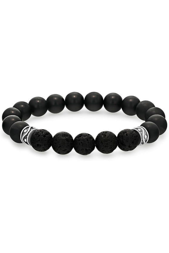Natural Matte Black Agate & Lava Rock 10mm Round Shape Smooth Cut Beads Stretchable Bracelet for Men & Women.