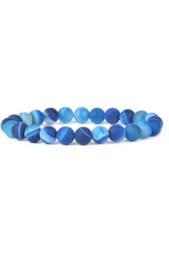 Natural Matte Dyed Blue Brazilian Agate 8mm Round Shape Smooth Cut Beads Stretchable Bracelet for Men & Women.