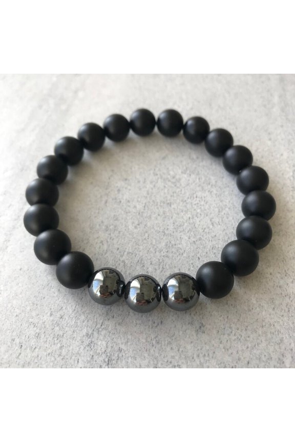 Natural Matte Onyx & Hematite 8mm Round Shape Smooth Cut Beads Stretchable Bracelet for Men & Women.