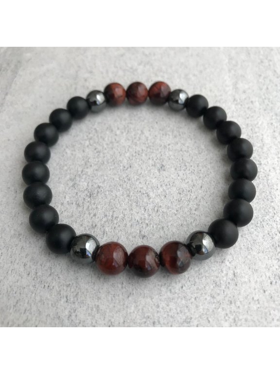 Natural Matte Onyx, Hematite & Red Tigers Eye 8mm Round Shape Smooth Cut Beads Stretchable Bracelet for Men & Women.