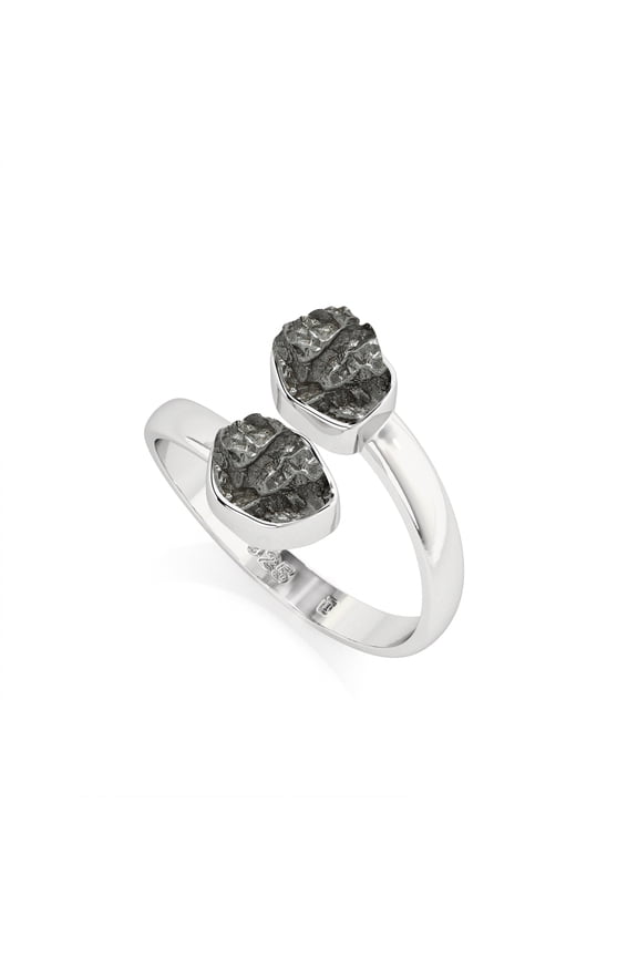 Natural Meteorite Rough Shape 2-Stone Rings in Sterling Silver for Women, August Birthstone Jewelry for Her Birthday, Wedding Anniversary, Christmas, Mothers Day