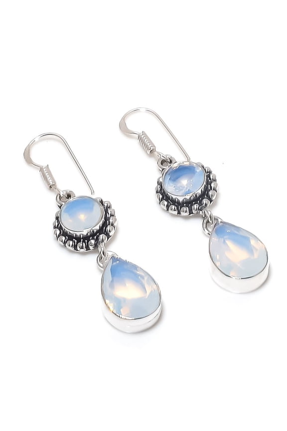 Natural Milky Opal Gemstone Handmade 925 Sterling Silver Earring 2.05"