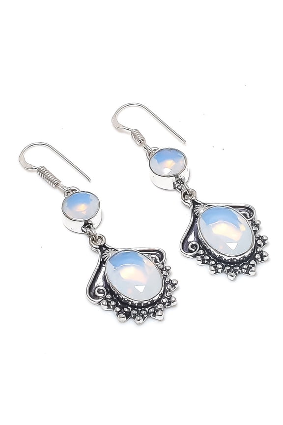 Natural Milky Opal Gemstone Handmade 925 Sterling Silver Earring 2.17"