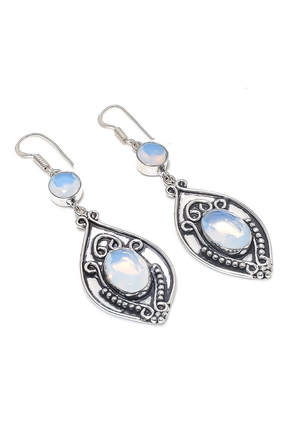 Natural Milky Opal Gemstone Handmade 925 Sterling Silver Earring 2.76"
