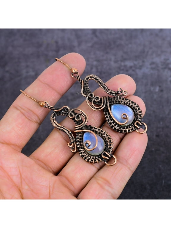 Natural Milky Opal Gemstone Handmade Copper Wire Wrap Jewelry Earring 2.99"
