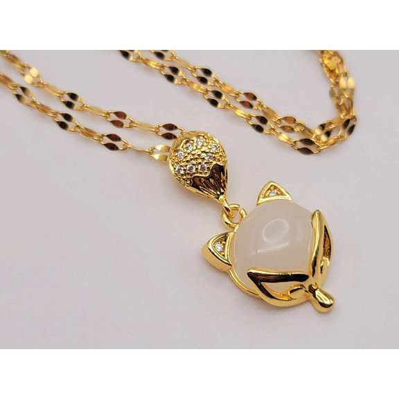 Natural Milky Quartz Handmade Kitten Necklace Gold Tone
