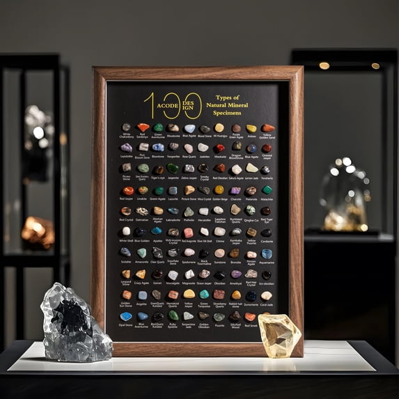 Natural Mineral Specimen Shadow Box, Geology Collection Display Case, Home Decor Wall Art Tabletop Display with Real Rocks Crystals