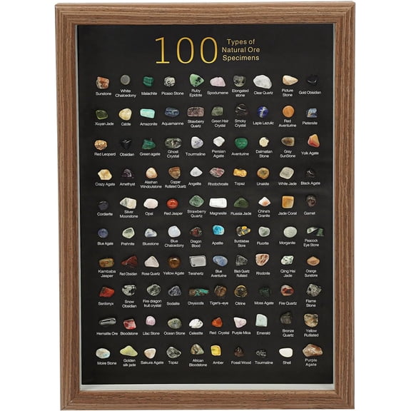 Natural Mineral Specimen Shadow Box Home Decor, Geology Case with Real RocksCrystals, Tabletop Birthday Christmas Housewarming Childrens Day Gift