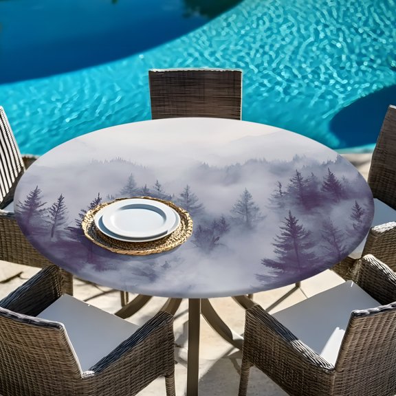 Natural Misty Mountain Tree Forest Round Fitted Tablecloth with Elastic Edge,Waterproof Table Cloth Fits Tables Up to 45"-54",Wipeable Table Cover for Indoor Outdoor Dinning,Wild Hill Foggy Scenery