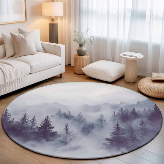 Natural Misty Mountain Tree Forest Round Rug 5ft Wild Hill Foggy Scenery Washable Area Rugs for Living Room Bedroom Entryway Non Slip Entrance Door Mat Indoor Floor Carpet
