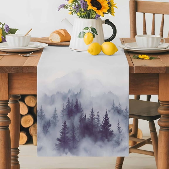 Natural Misty Mountain Tree Forest Table Runner 36 Inches Long, Wild Hill Foggy Scenery Table Runners Tabletop Scarf Kitchen Dining Tables Decoration for Home Party Indoor Outdoor