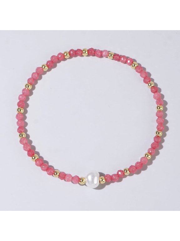 Watermelon Beaded Simulated Gemstone Stretch Bracelet with Pearl Accent Adjustable T36