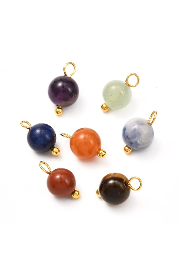 Natural Mixed Gemstone Charms Golden Brass Findings Round 11x6.5mm Hole: 1.8mm