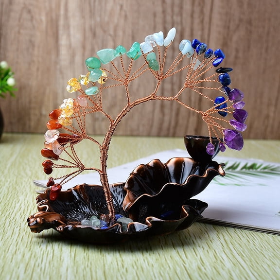 Natural Mixed Gemstone Chips Tree of Life Decorations Burner Cone Stick Incense Holder with Copper Wire Energy Stone Gift for Women Men Meditation 130x100mm