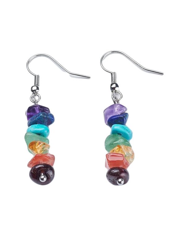 Multicolor Gemstone Round Faceted Bead Dangle Earrings 46mm Fish Hook Long P339