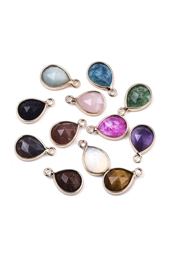 Natural Mixed Gemstone/Glass Charms with Light golden Plated Brass Edge and Loop Teardrop Faceted Mixed color 14x9x4.5mm Hole: 1.5mm