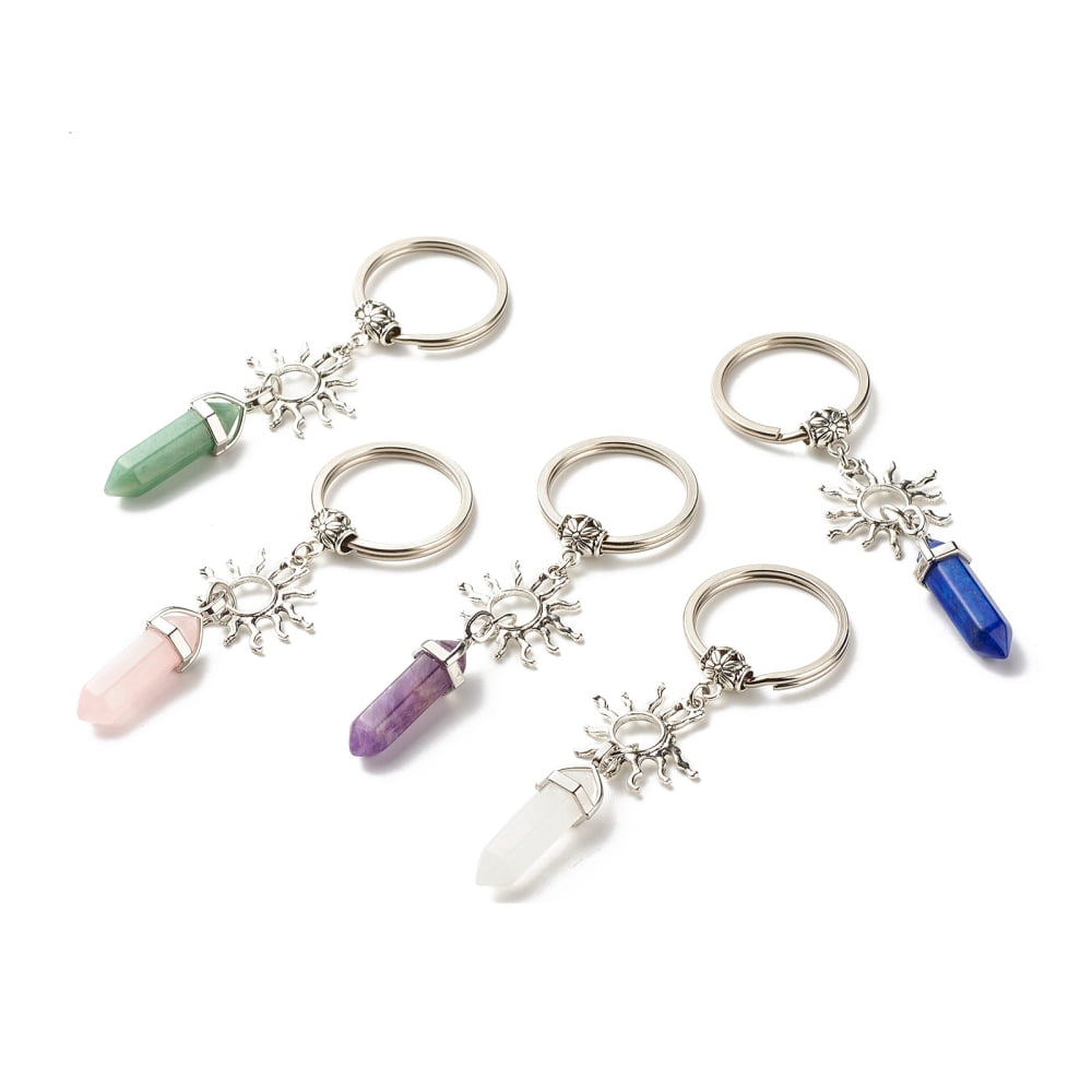 Natural Mixed Gemstone Keychain with Tibetan Style Alloy Pendants Charm Carrier Barrel Tube Bails and Iron Split Key Rings Sun with 9.8cm