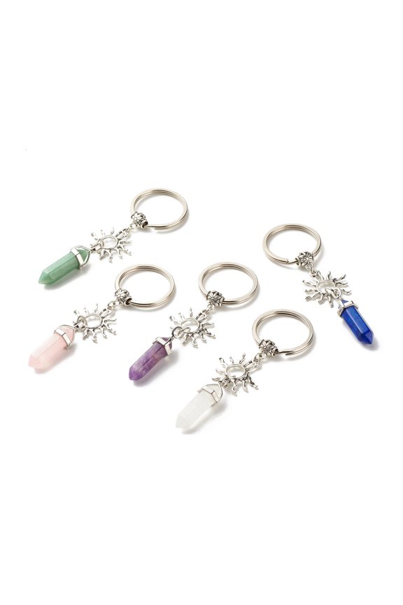 Natural Mixed Gemstone Keychain with Tibetan Style Alloy Pendants Charm Carrier Barrel Tube Bails and Iron Split Key Rings Sun with 9.8cm