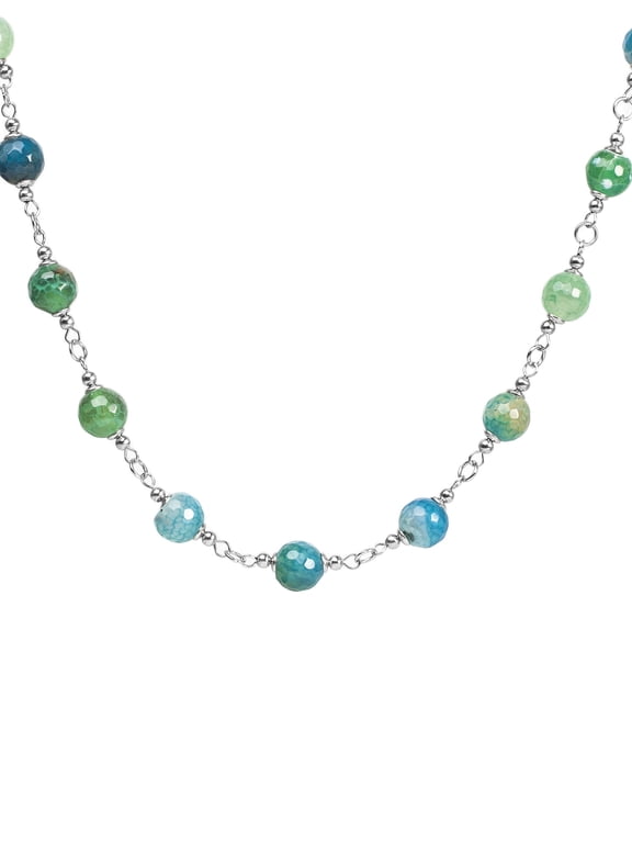 Women's Mixed Green and Blue Agate Stone Bead Steel Necklace (10mm) - 17"