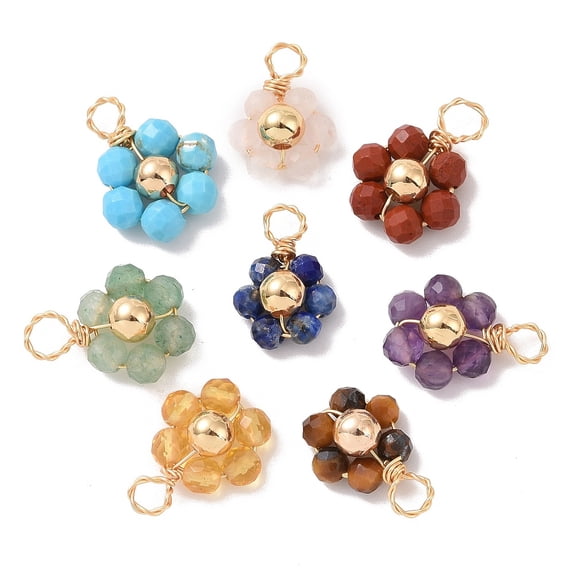 Natural Mixed Stone Beaded Pendants with golden Tone Copper Wire Wrapped Findings Flower Charms Mixed color 12.5~13.5x9~11x4.5mm Hole: 2.5mm