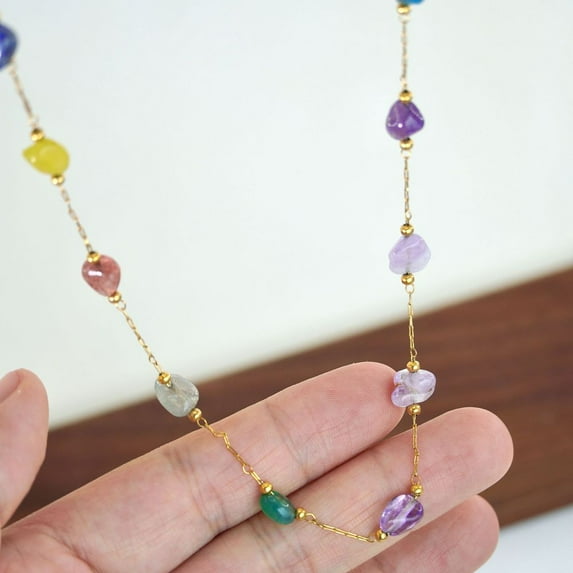 Natural Mixed Stone Chip & Stainless Steel Handmade Link Chain Becklaces for Women Golden Colorful 14.17 inch(36cm)