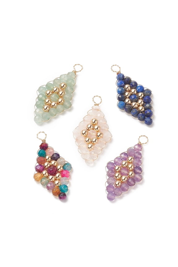 Natural Mixed Stone Copper Wire Wrapped Pendants Rhombus Charms with Brass Beads Golden 39-41x20x4mm Hole: 4mm