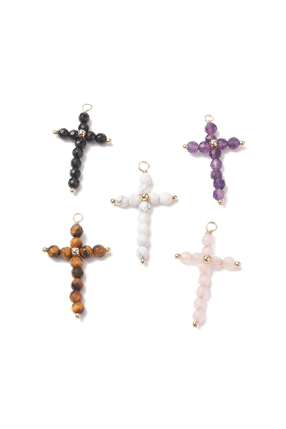 Natural Mixed Stone Faceted Round Copper Wire Wrapped Pendants Cross Charms Light golden 38x23x5mm Hole: 2.5mm