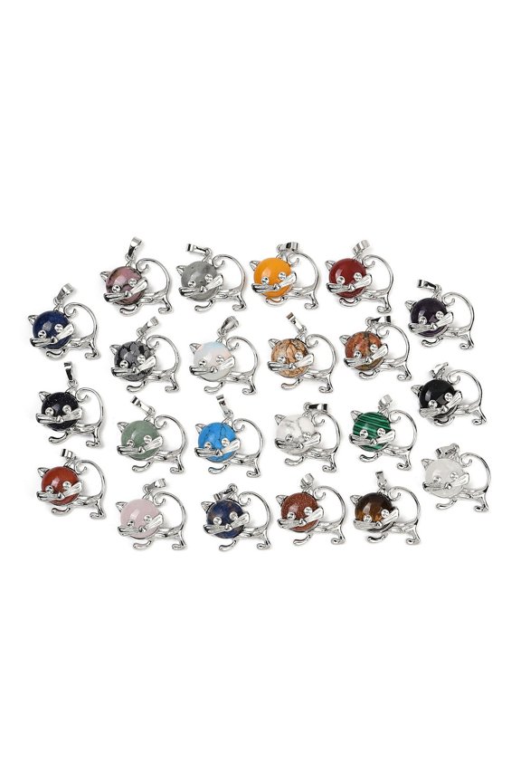 Natural & Mixed Stone Kitten Pendants Brass Cute Cat Shape Charms Platinum Long-Lasting Plated Rack Plating Mixed Dyed and Undyed 28.5x30.5x10mm Hole: 8x5mm Mixed Stone
